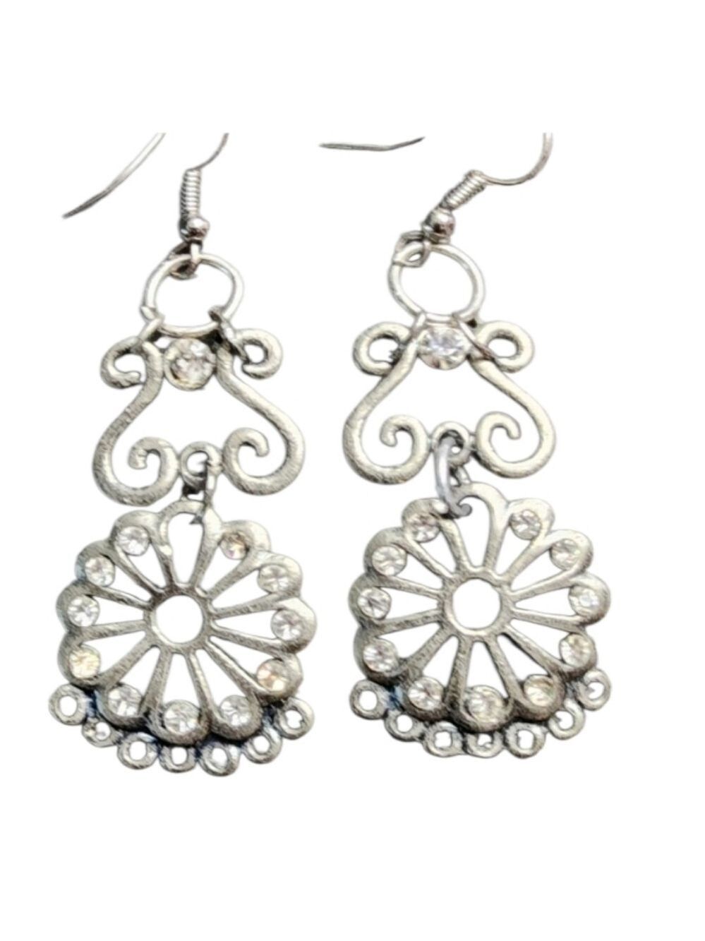 Vintage Silver Filigree Earrings with Rhinestones